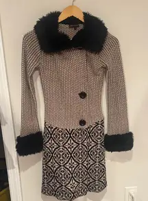 Betsy Johnson Long Jacket with faux Black fur Isle Knit Sweater Coat Trench $229