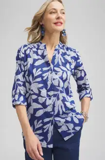 Chico’s Shirt SZ 12 Cotton Leaf Print Button Down Blue Light Roll Tab Cuffs