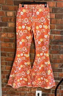 Peach Love womens floral high waisted bell bottom retro denim pants orange M