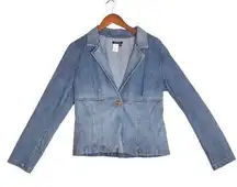 Daisy Fuentes Vintage 90's Y2K Blue Denim Single Button Front Notch Collar Blazer Jean Jacket