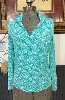 IBKUL Medallion Print 1/4 Zip Mock Neck UPF 50 Mesh Vents Top ~ Size XS 💚🍄