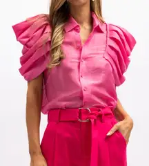 Aureta Studio Stella Shirt Hot Pink Size Medium‎ Linen Silk Puff Sleeve New NWT