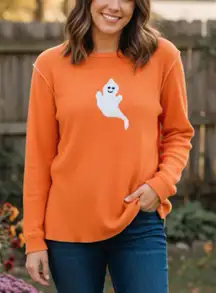 Quacker Factory‎ Orange Sequin Ghost Halloween Waffle Knit Top Size MEDIUM