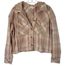 Ultra Flirt  Shacket Juniors Medium Mauve Plaid Cropped Hooded Button Long Sleeve