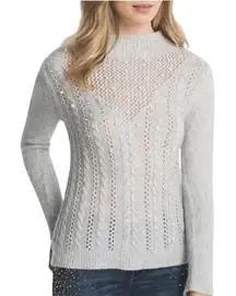 WHITE HOUSE BLACK MARKET Grey Cable Knit Faux‎ Pearl Adorned Sweater EUC Small