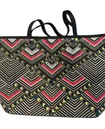 Rebecca Minkoff Geometric Beaded Tote Bag Black White Red Embroidered Top Handle