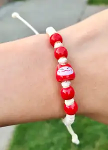 Lucky Cat Red Beaded Cream Bracelet