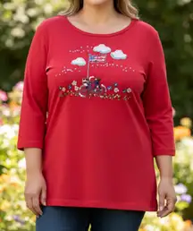 Quacker Factory Red White Blue American Flag Sequin‎ Bicycle 3/4 Sleeve Top 1X