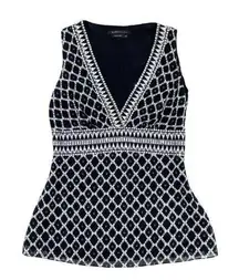 BCBGMaxAzria Black & White Patterned Sequin Silk Cotton V-neck Tank Top Size XXS