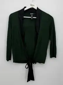 DKNY Black Label Green Lightweight Silk Trim Tie Cardigan 3/4 Sleeve Designer S