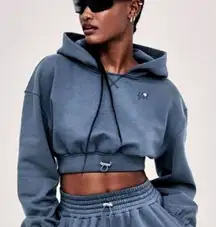 For Love & Lemons Womens Blue Josie Cropped Fleece Oversized Sweatshirt Size L