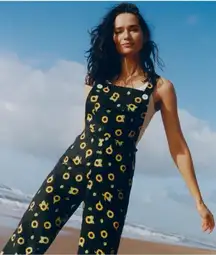 SLEEPER • Baccara Linen Jumpsuit overall black yellow sunflower print flare leg