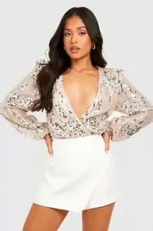 Boohoo Cream Navy Silver Sequin Party Deep V-Neck Bodysuit Plus Size 24 NWT