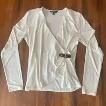Ralph Lauren Faux Wrap Blouse Large Cream with Brown Buckle Closure V-neck Top