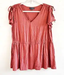 ModCloth Blouse Dusty Rose/ Mauve Short Flutter Tie Sleeves V Neck Tee Sz 1X EUC