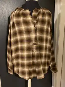 💜 Zara Brown Plaid Wool Blend Flannel Quarter Button Blouse Shirt