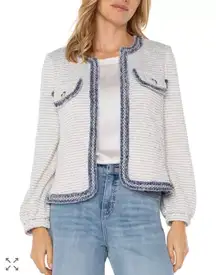 Liverpool Los Angeles Small Collarless Tweed Jacket White‎ Blue Frayed Edge