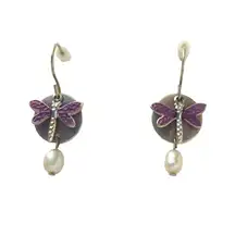 Silver Forest Purple Dragonfly Pearl Dangle Drop Earrings Surgical Steel Hooks