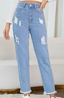 High Waist Ripped Raw Hem Straight Leg Jeans