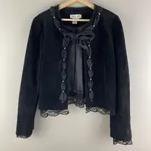 Vintage 90’s Black Leather Suede Academia Lolita Grunge Lace Trim Jacket