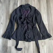 Vintage Willi Smith Black Witchy Vamp Front Clasp Jacket w Belt Flowing Ruffles