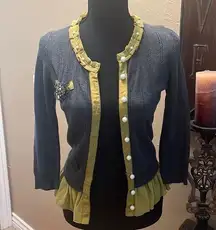 Twelve by Twelve Gray & Mustard Green Pearl Cardigan w/removable broach …