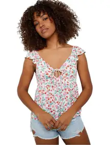 Ardene Strawberry Floral Babydoll Tank Keyhole Tie Front Ruffles White Red XS