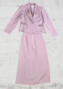 70s Vintage Powder Pink Embellished USA Made Blazer Maxi Skirt Set Size 10