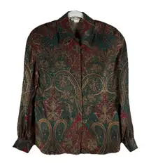 Vintage Carlisle 100% Silk Paisley Print Long Sleeve Button Blouse Womens Size 6