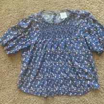 Knox Rose Floral Smocked Flower Keyhole Back Blouse Shirt Top Boho Cottagecore M