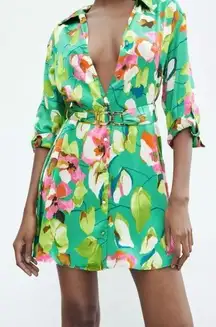 ZARA SUMMER VIBES SILKY BUTTON DOWN DRESS WITH ATTACHED GOLD BELT