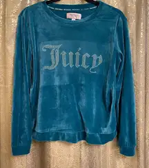 Juicy Couture Women’s Small Velour Velvet Teal Rhinestone Pullover Sleepwear Swe