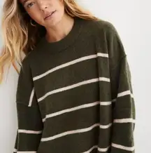 Aerie Unreal Stripe Soft Crewneck Sweater in Festive Olive Green Cream XXS $70