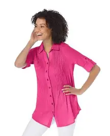 Woman Within Womens Blouse 2X Pink‎ Roll Tab Sleeve Pintucked Relaxed Career