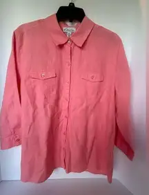 Kim Rogers Button Collar‎ Shirt Coral 3/4 Sleeve Button Front 100% Linen PXL