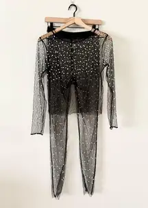 Amazon Sheer Long Sleeve Top and Pant Set Black with Pearl Detail - Size M