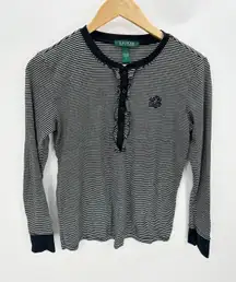 Lauren Ralph Lauren Black White Striped Ruffled Pajama Set Long Sleeve Pants S