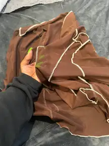 Brown sheer white stitched button down long sleeve top 