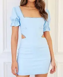 Light Blue Puff Sleeve Cut Out Bodycon Mini Dress