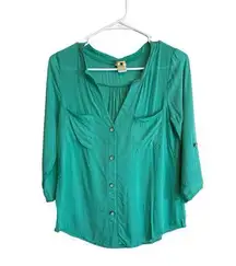 Needle‎ & Thread Green Button Up Roll Tab Sleeve Shirt Size Small