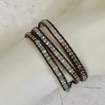 American Eagle Outfitters  green bead silver tone brown cord wrap around bracele