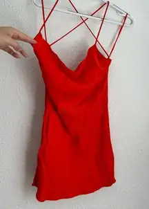 bright orange red mini slip dress cowl neckline satin crisscross size S