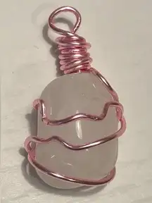 Small quartz tumble,  wire wrapped in pink, Pendant only