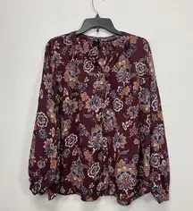 AGNES & DORA Top XL Button Down Peasant Floral Long Casual V-Neck Maroon