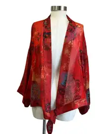 Chico’s 100% Silk Front Tie Kimono Jacket Size 2 L/12 NWT Boho Art Print