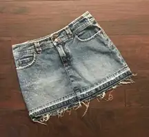 Denim Jean Mini Skirt Frayed Hem Distressed Look Beaded