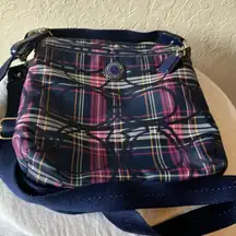 Coach: Navy & Pink Tartan Plaid Crossbody Bag- Silver Tone
