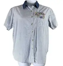 Vintage Top L Striped Floral Embroidery Button Up Shirt Short Sleeve Cabin Creek