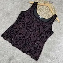 Metaphor Black Purple Sparkly Beaded Sequin Pattern Tank Top Velvet Whimsigoth L