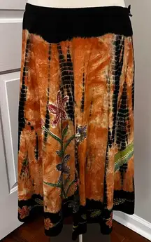 ORANGE AND BLACK FORBIDDEN TIE DYE SEQUIN FLORAL MAXI SKIRT‎